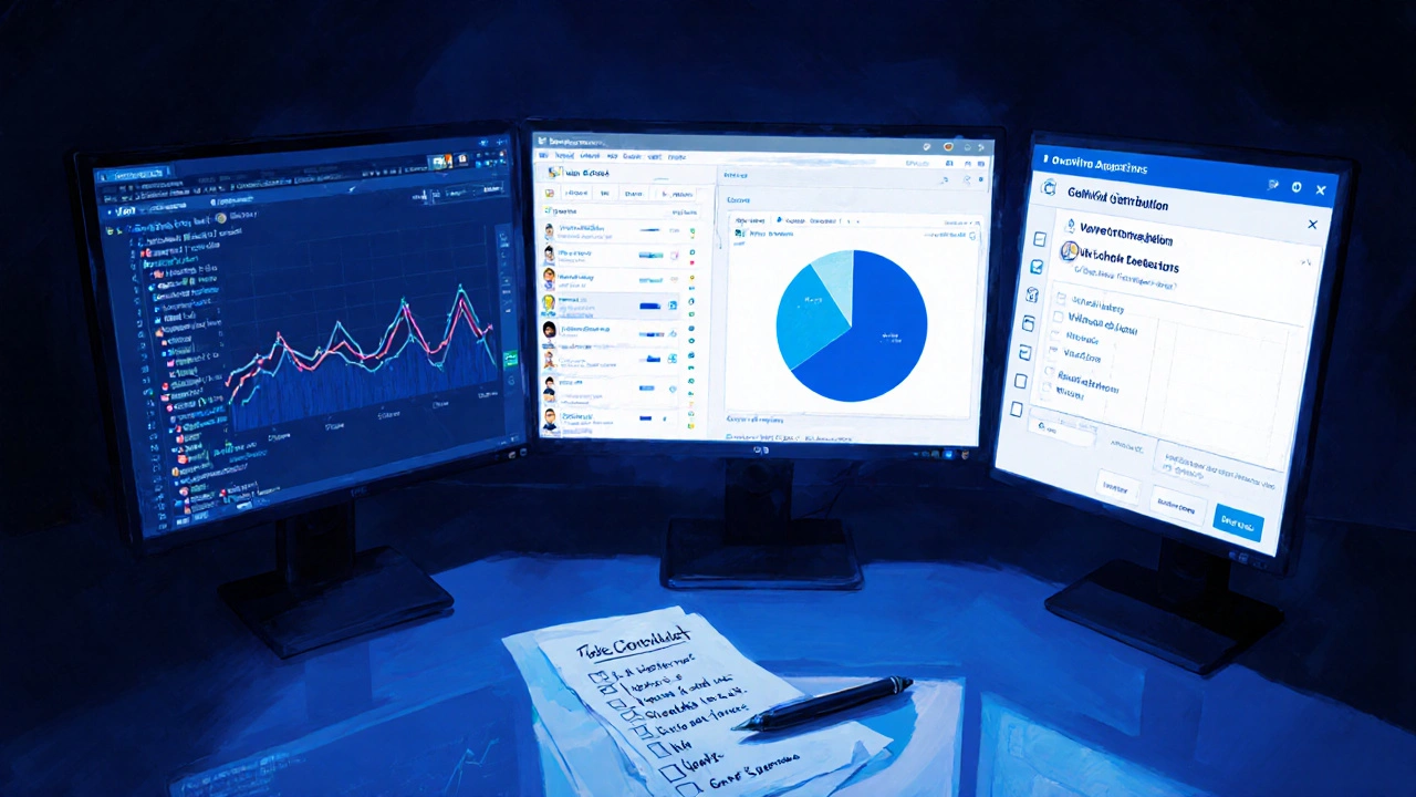 Bureau avec écrans montrant GitHub, diagramme tokenomics et alertes d&#039;automatisation.