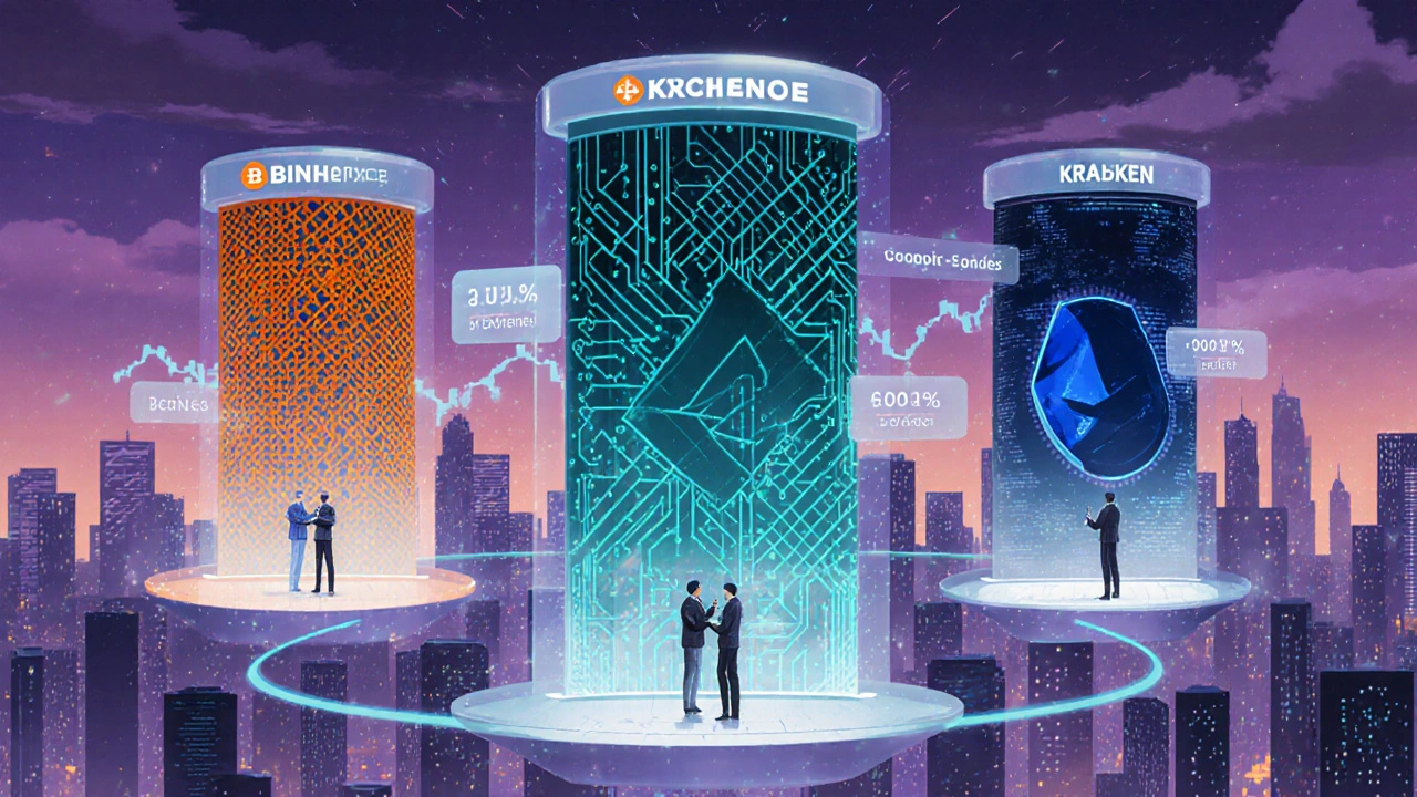 Futuristic exchange hub with three tower icons representing major crypto platforms.
