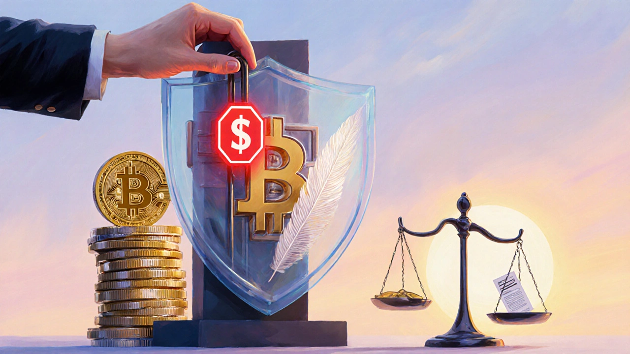 Hand placing stop‑loss lever on Bitcoin sculpture with stablecoin shield and tax scale.