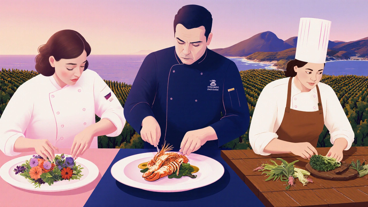 Trois chefs français stylisés préparant leurs plats uniques, entourés de paysages régionaux français aux dégradés doux.
