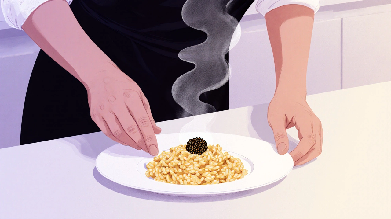 Un chef dépose délicatement un risotto au safran sur une assiette, la vapeur s&#039;élève en fines volutes.