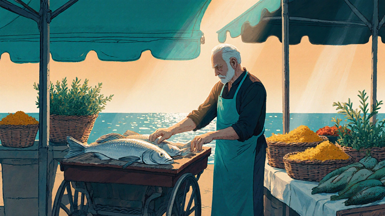 Un chef sélectionne du poisson frais sur un marché provençal, le soleil illumine les étals de fruits de mer.