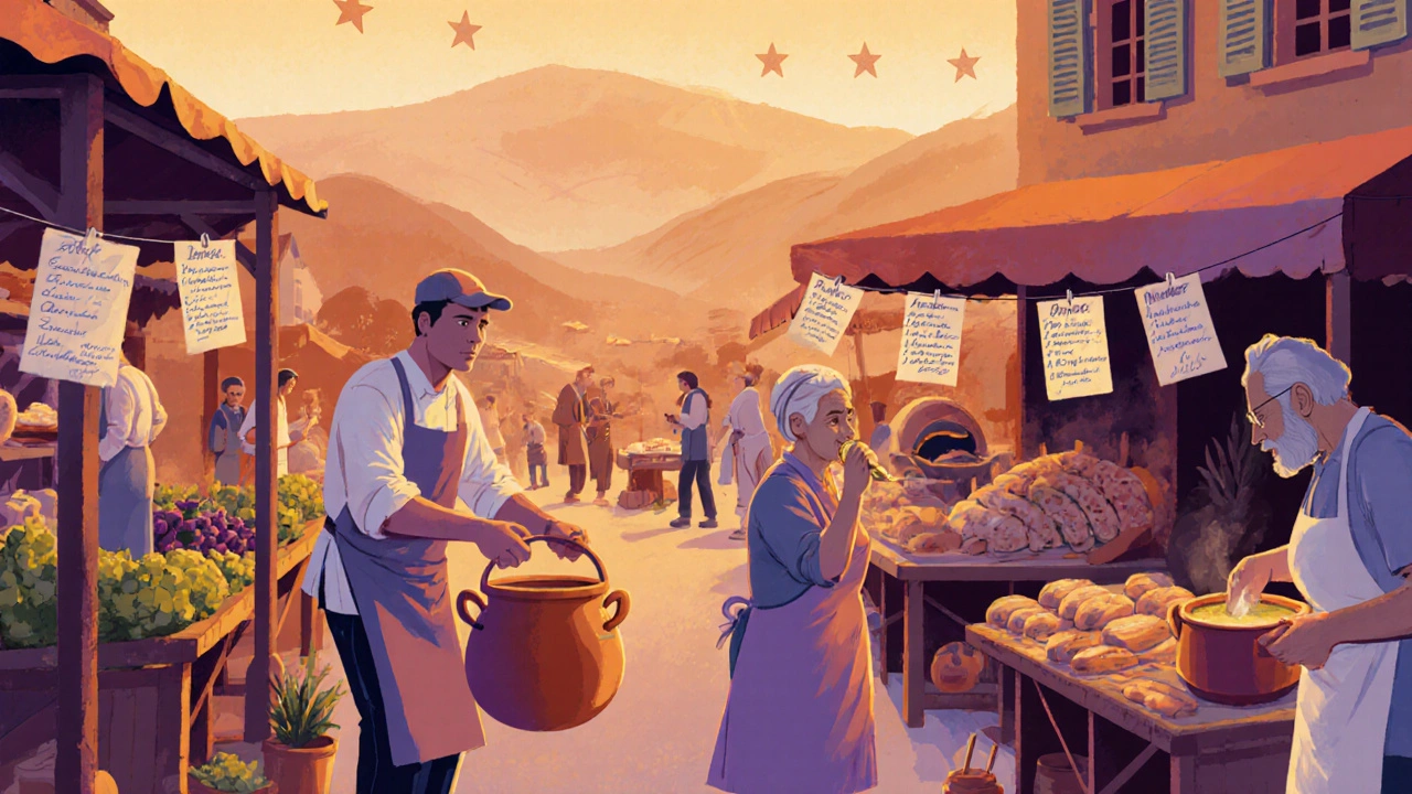 Un marché français matinal animé où fermiers et chefs échangent des produits frais, sans étoiles, mais plein de vie.