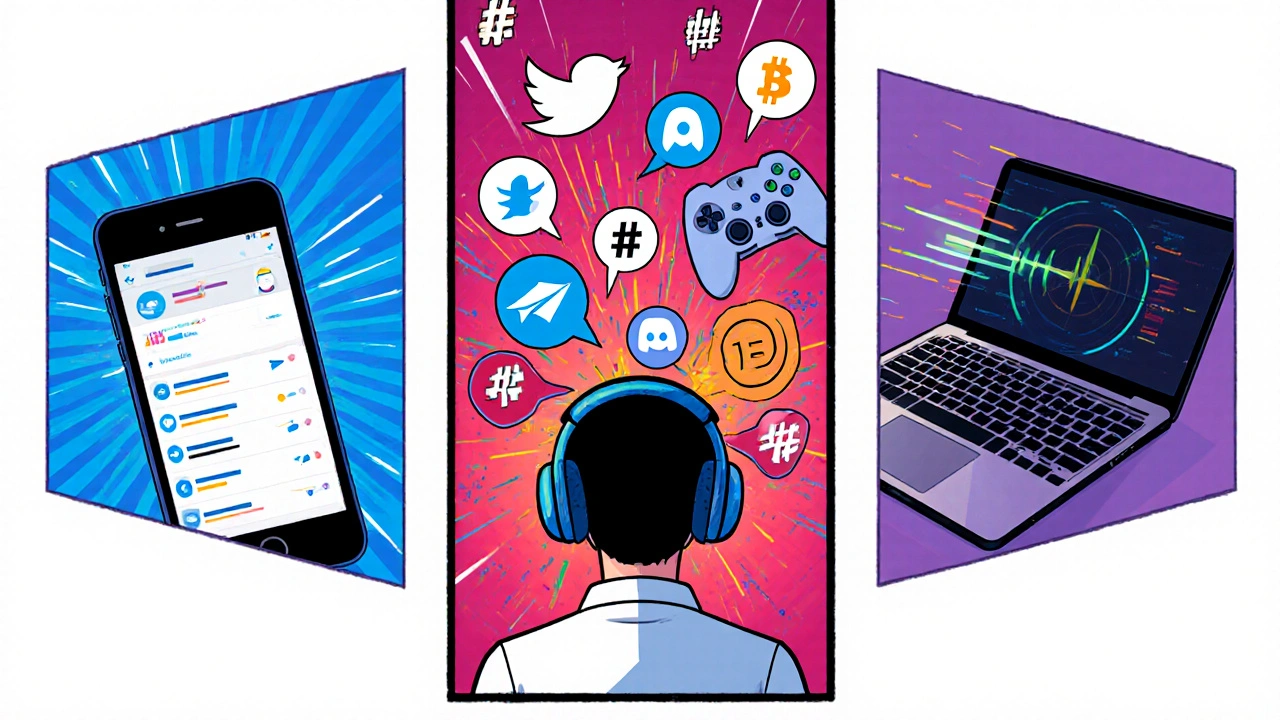 Utilisateur observant flux Twitter, Telegram et Discord remplis de discussions sur de nouveaux tokens.