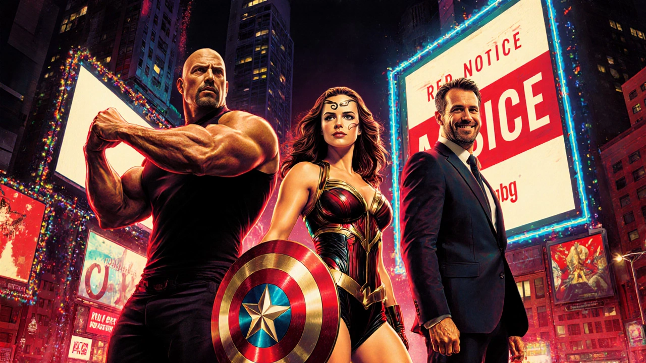 Affiche d&#039;action avec Dwayne Johnson, Gal Gadot et Ryan Reynolds devant un décor urbain festif et des panneaux marketing abstraits.