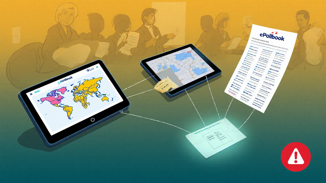 Agents électoraux vérifiant les électeurs avec des tablettes e-Pollbook en temps réel.