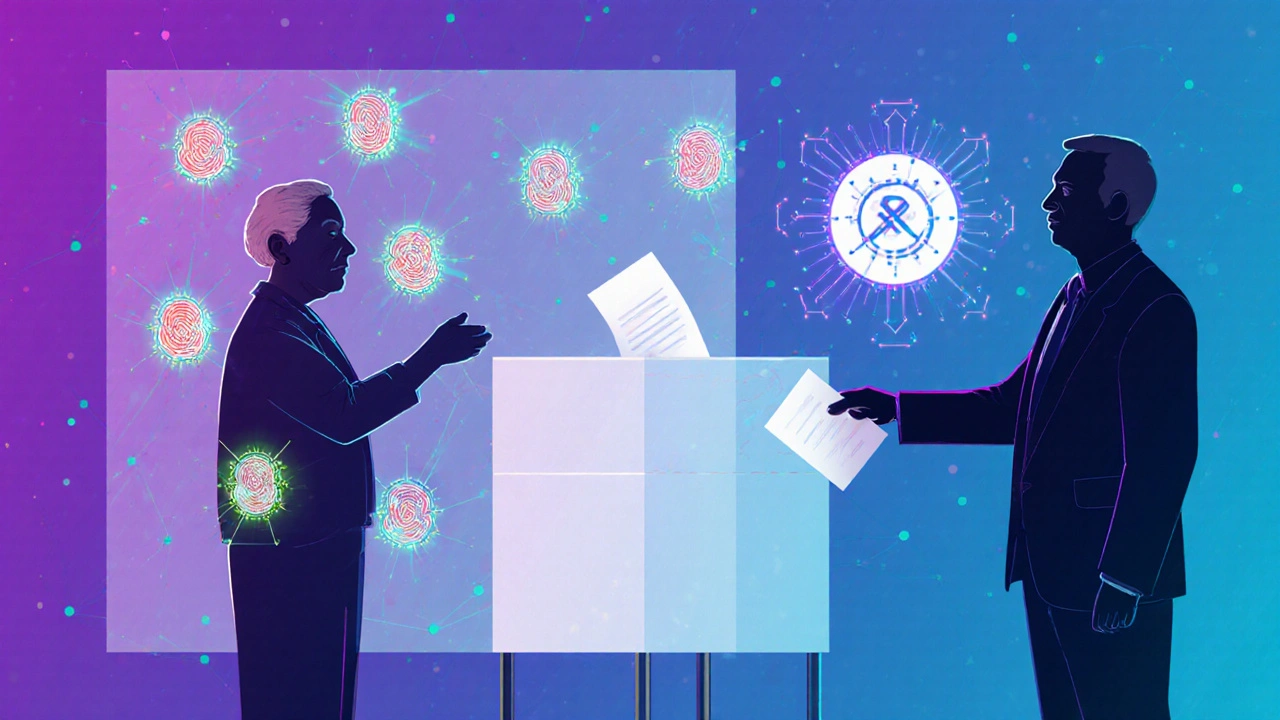 Boîte de vote avec empreintes cryptographiques et preuve à connaissance nulle en arrière-plan.