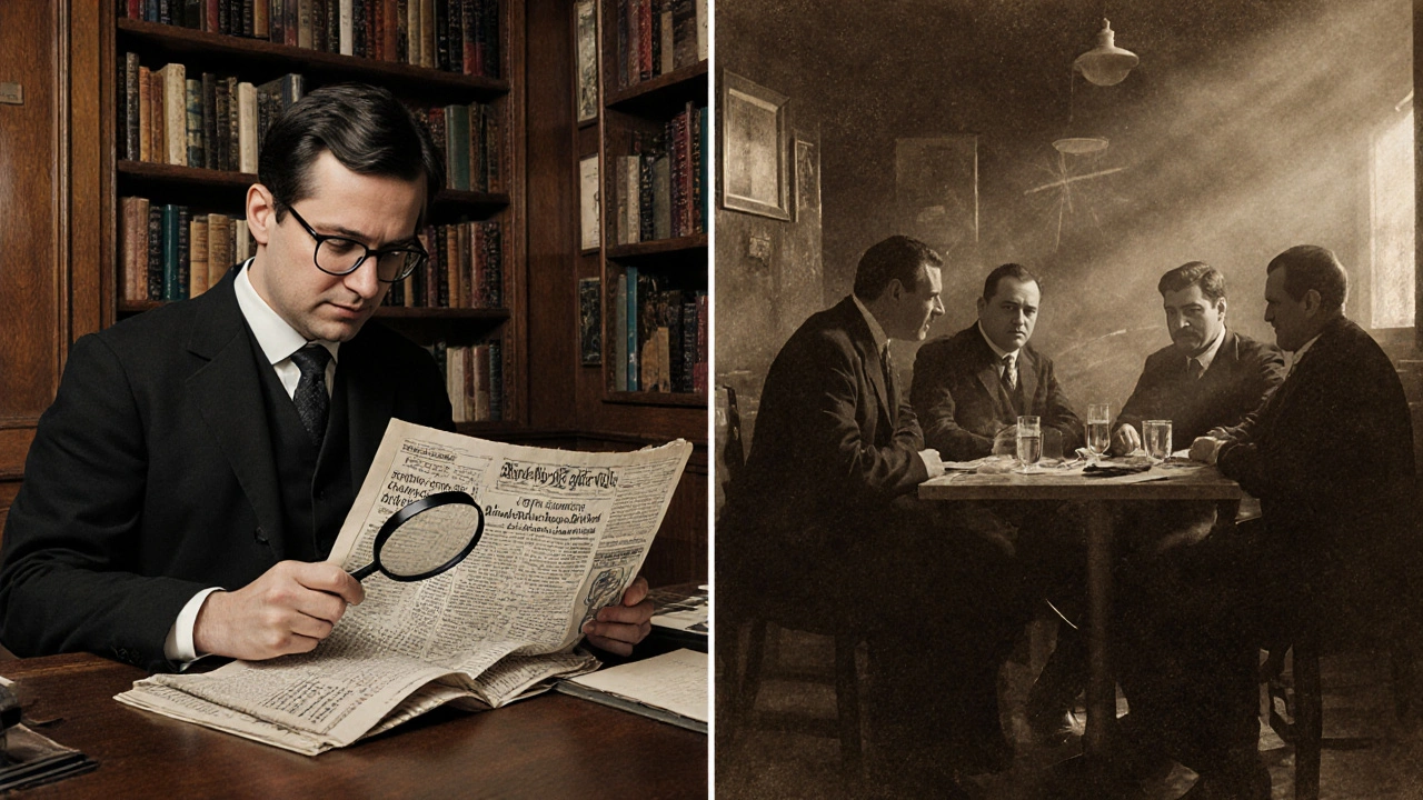 Chercheur contemporain consultant des journaux de 1894, tandis que des conspirateurs anarchistes sont rejoués en sépia.