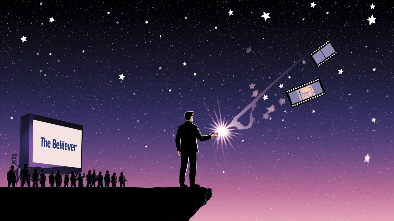 Christopher Nolan tenant un film miniature qui se transforme en galaxie de cadres, tandis qu'un autre film flotte à l'horizon.