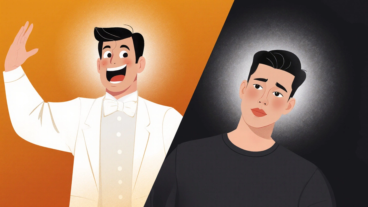 Comparaison entre un acteur de théâtre gestuel et un acteur de film silencieux, en style dégradé.