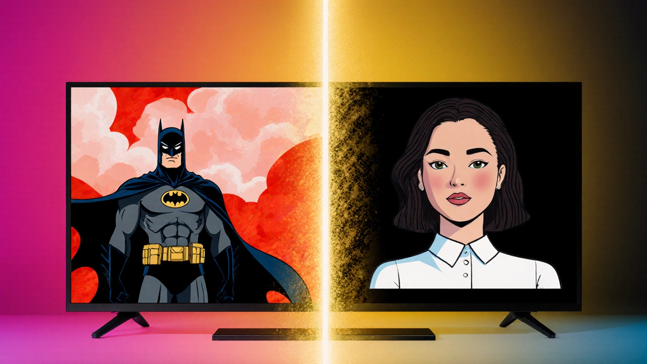 Comparaison visuelle de deux écrans TV : l'un en mode Vivid avec des couleurs saturées, l'autre en mode Cinema avec des tons naturels et des ombres profondes.