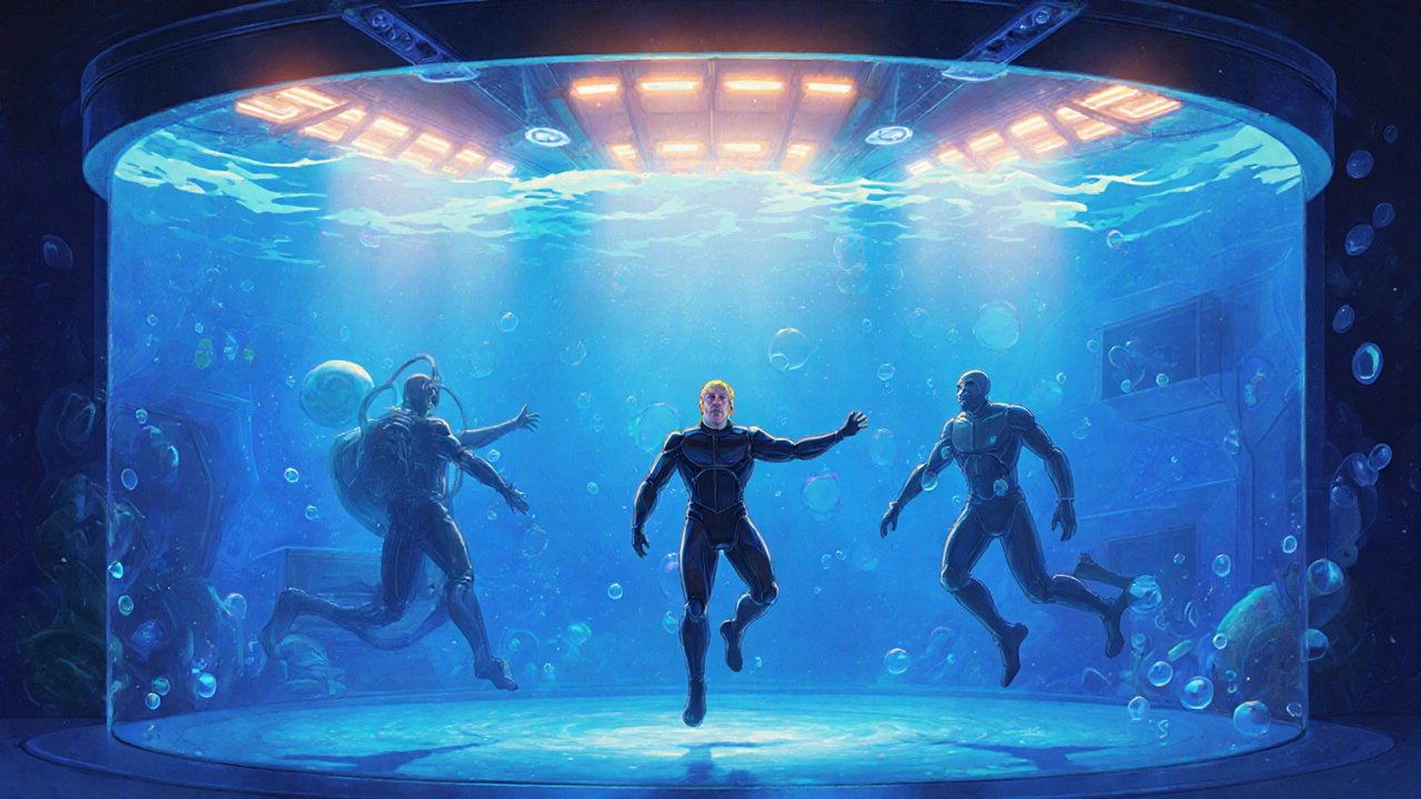 Des acteurs en combinaisons de capture de mouvement dans un immense réservoir d'eau, entourés de capteurs lumineux.