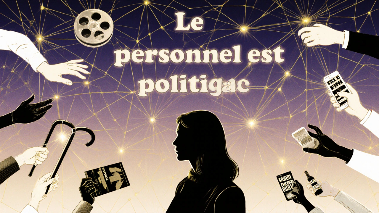 Des mains diverses reliées par des fils lumineux forment une constellation avec la phrase 'Le personnel est politique'.