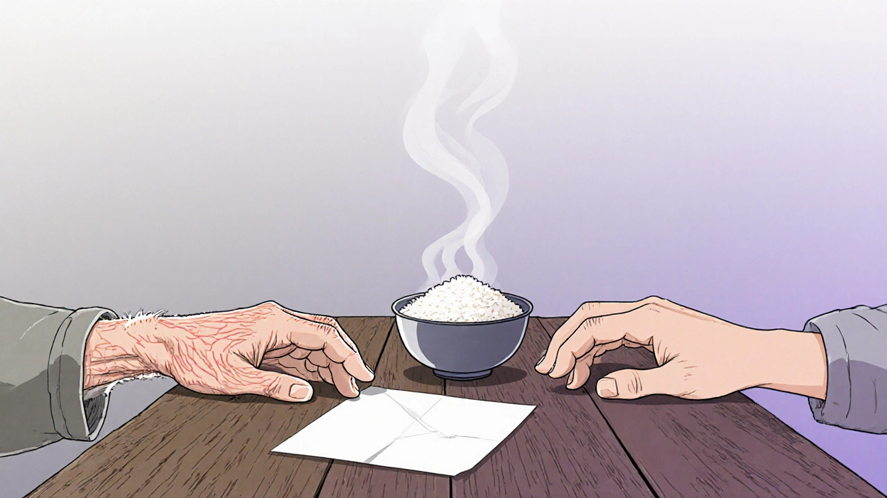 Deux mains presque en contact sur une table, une lettre et un bol de riz entre elles, symbole de réconciliation silencieuse.