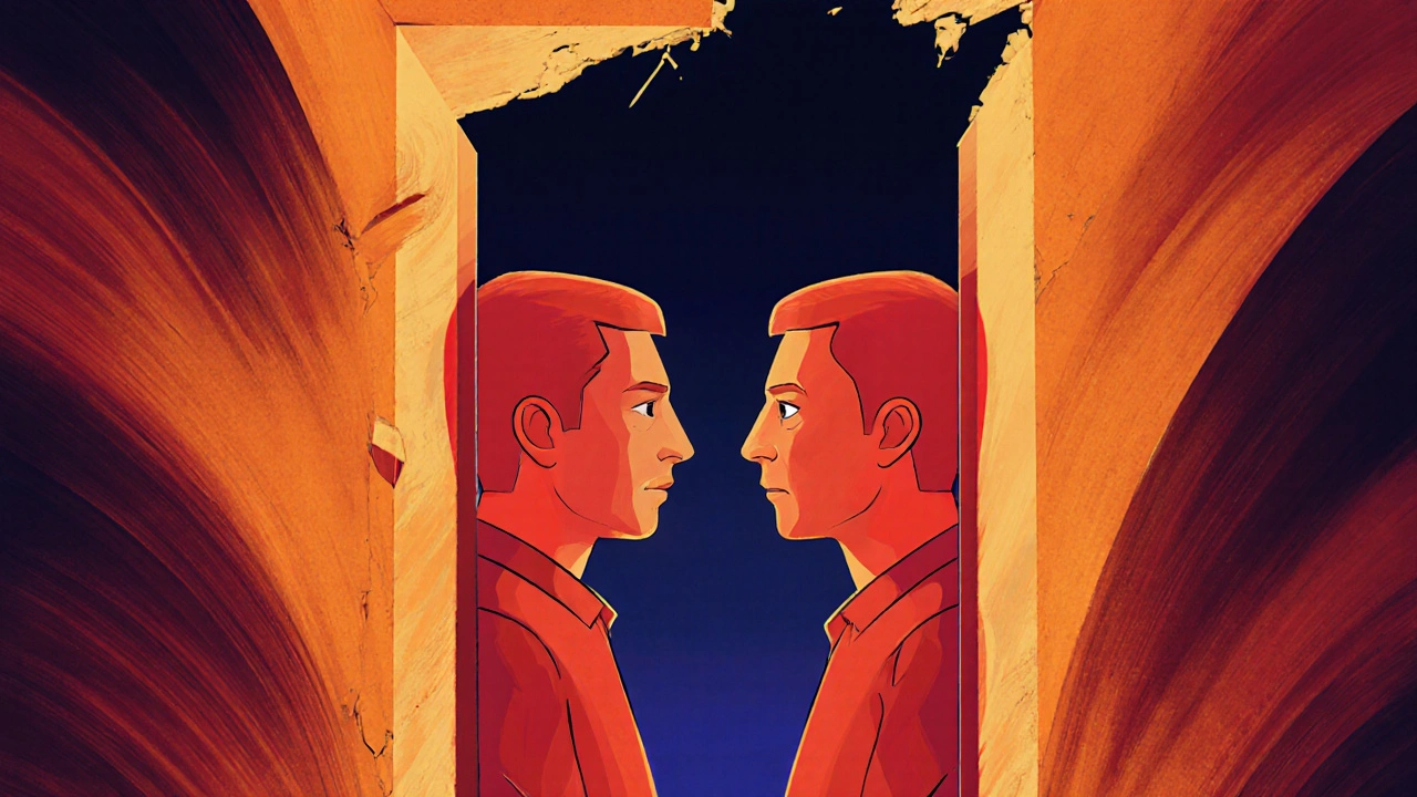 Deux personnages face à face dans une porte rouge, caméras parallèles, ambiance étouffante et colorée.