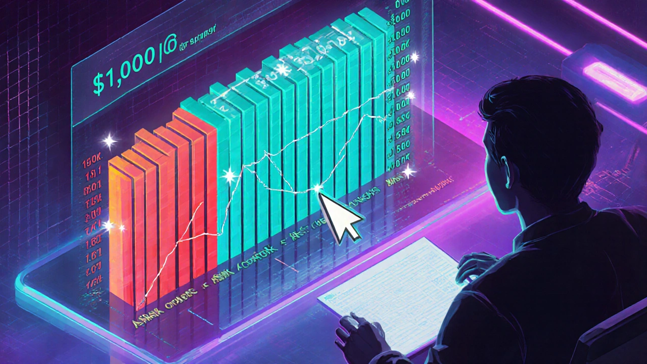 Graphique de profondeur avec un mur d&#039;achat de 10 000 BTC et indicateur de spoof.