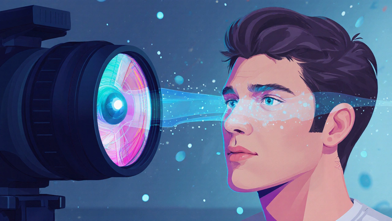 Interface numérique analysant les muscles du visage en temps réel avec des dégradés colorés et un objectif de caméra.