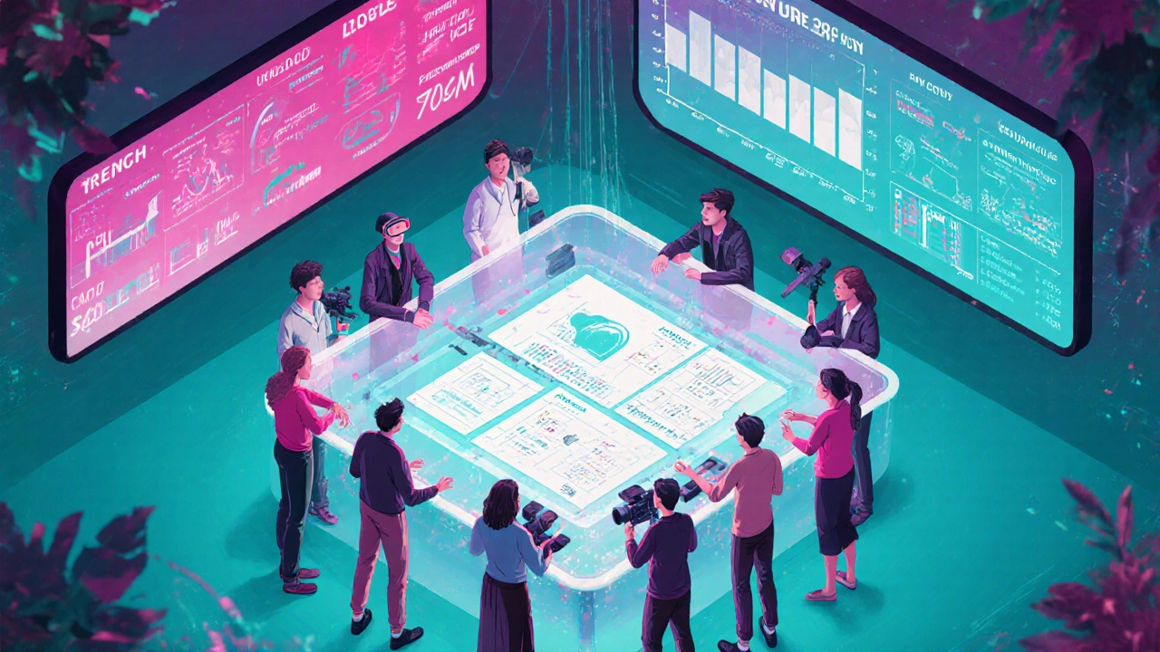 Jeunes réalisateurs français créent un film en réalité virtuelle autour d’une table holographique.