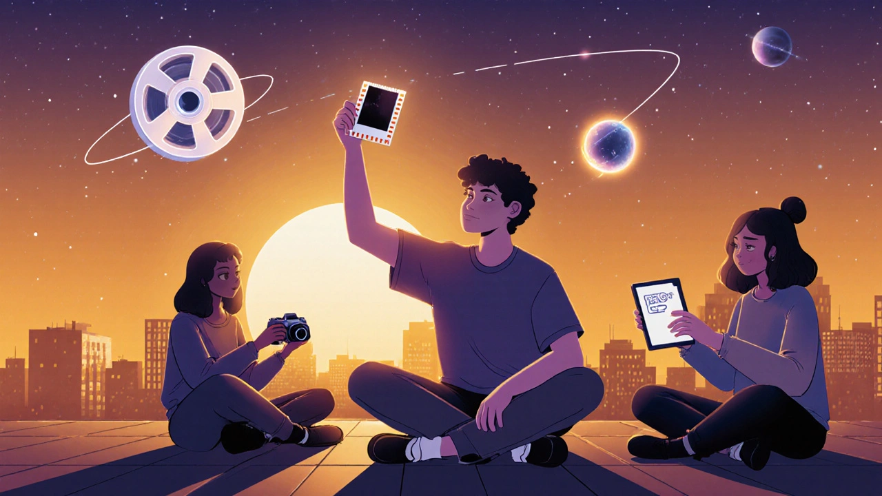 Jeunes sur un toit avec appareils film et smartphones, une bobine de film éclaire leur visage au coucher du soleil.