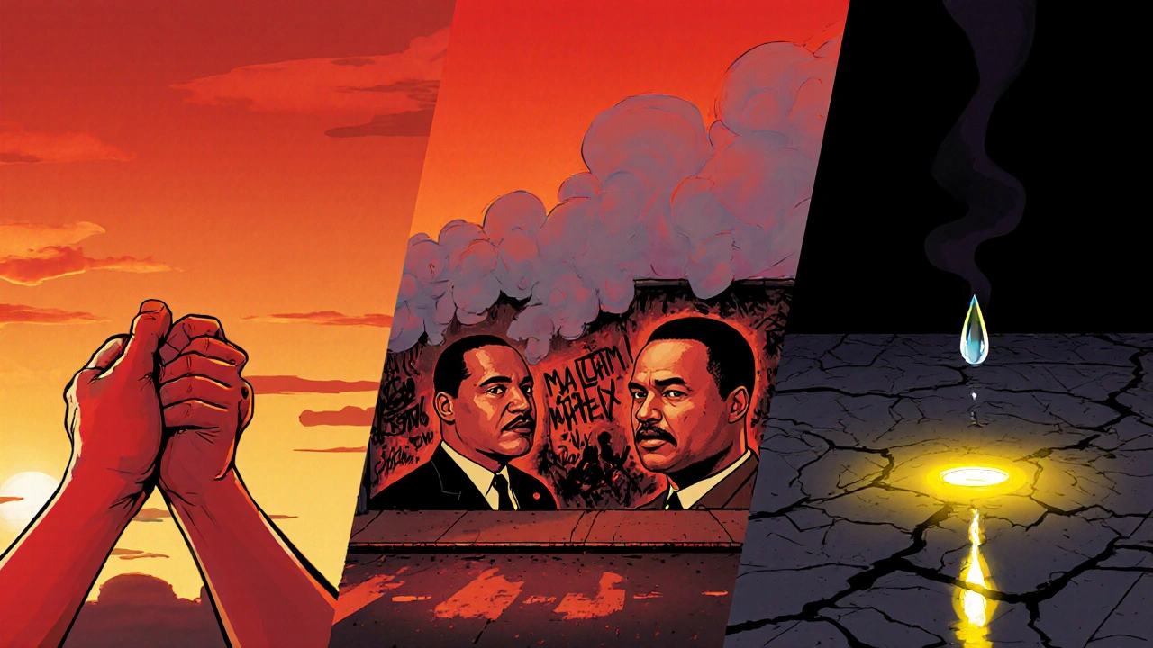 Main étranglée, graffiti de leaders noirs, larme sur sol fissuré — symboles de violence et mémoire.