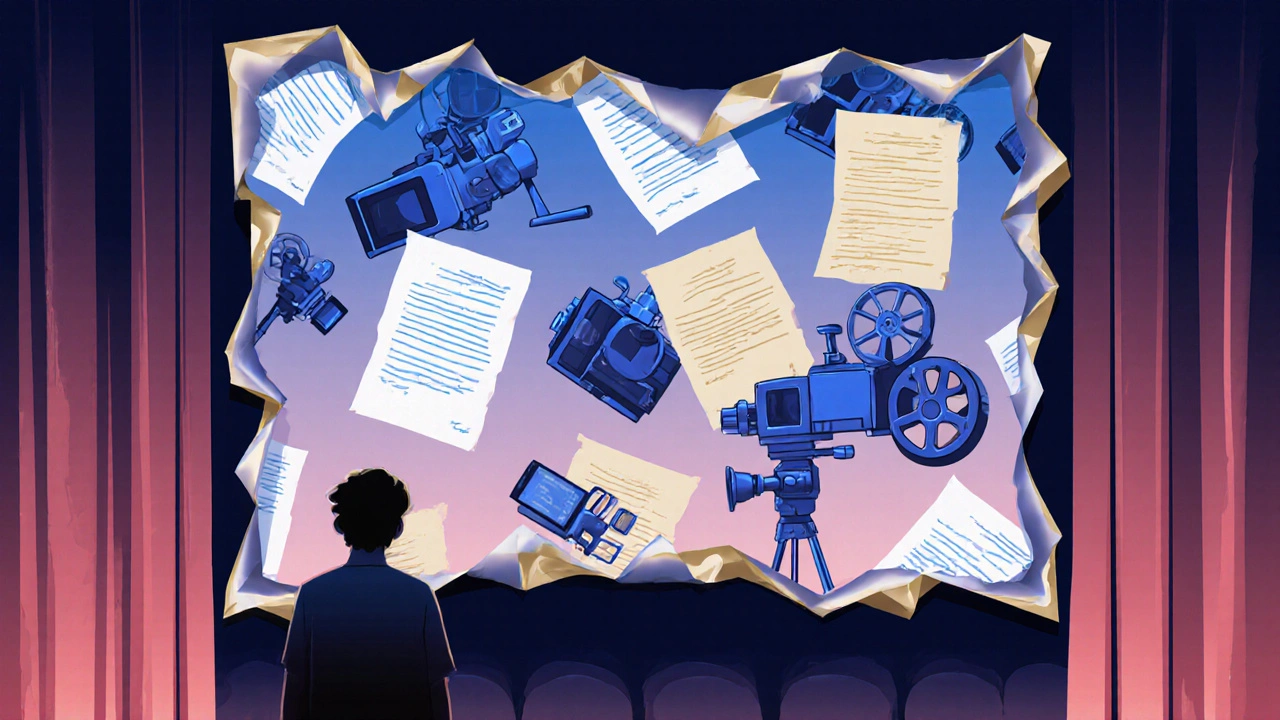 Miroir cinématographique qui se reflète lui-même, entouré de projecteurs et de scénarios.