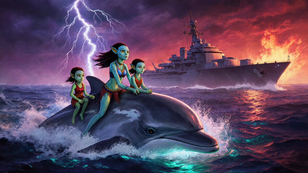 Neytiri et ses enfants sur un dauphin Na'vi fuyant une navire humain sous un ciel orageux aux couleurs vibrantes.