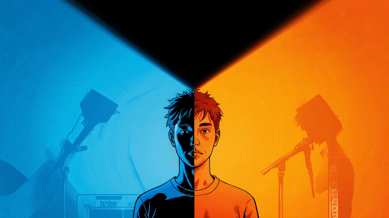 Ombres colorées en bleu et orange se croisant sur un mur, visage neutre au centre.