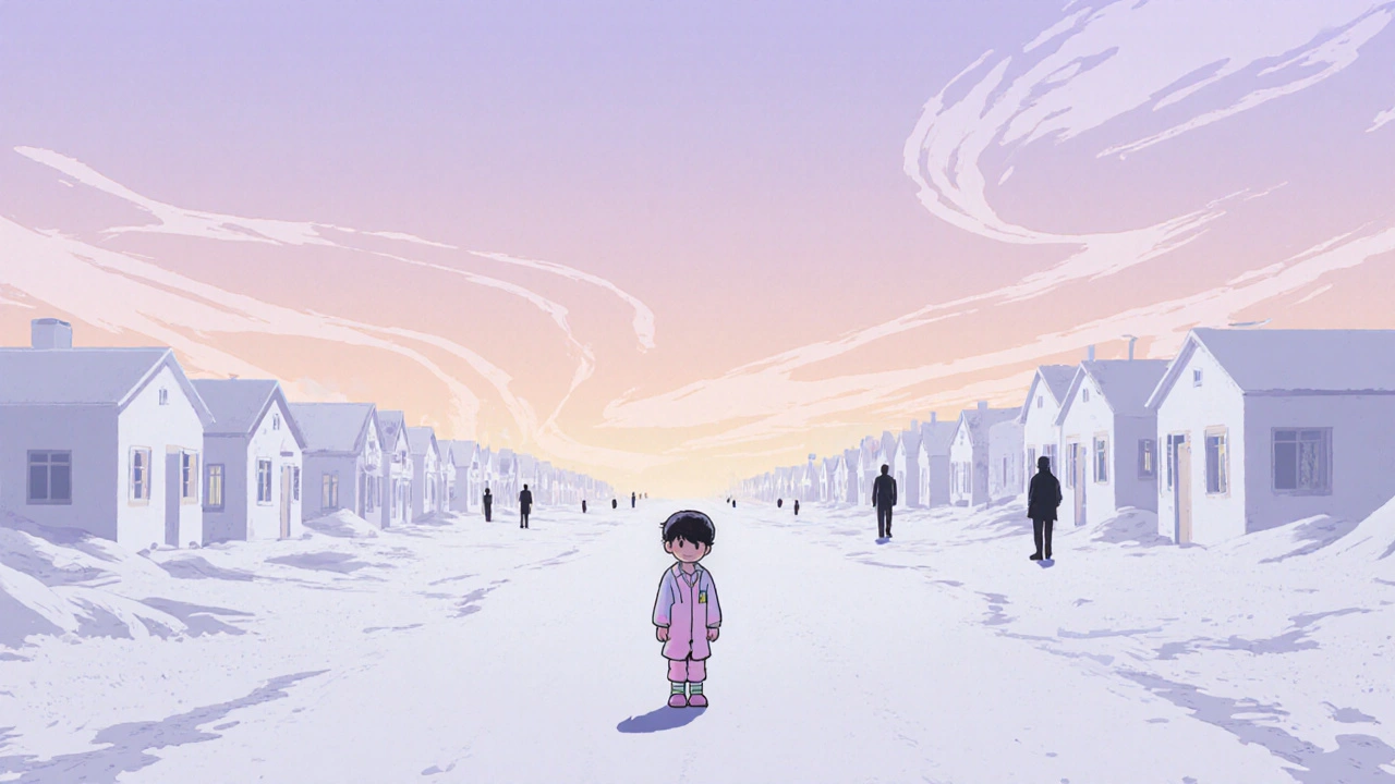 Petite ville désertique blanche, un enfant seul au milieu d'une rue parfaitement centrée.