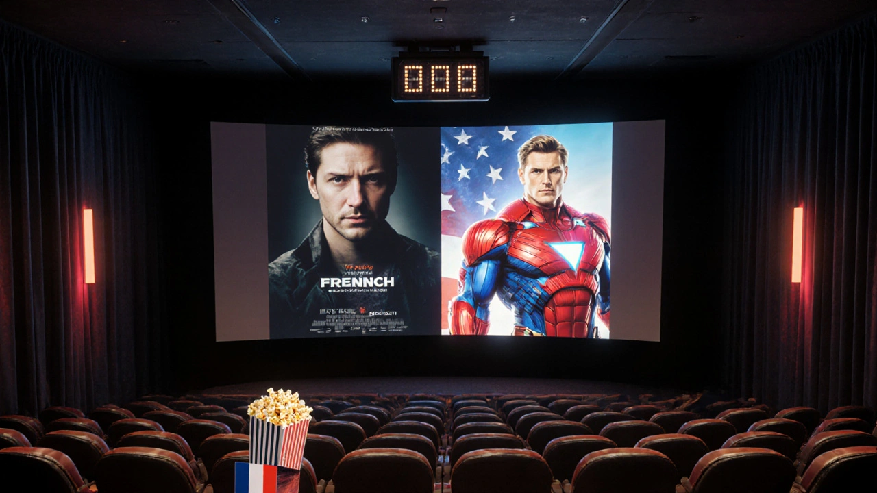 Salle de cinéma moderne montrant côte à côte un film français et un blockbuster américain.