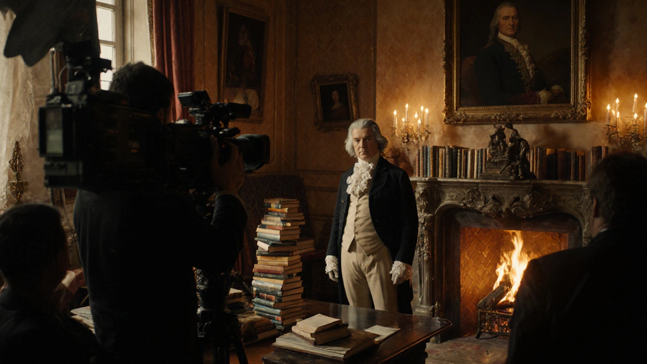 Scène de film moderne montrant Voltaire dans son étude, avec une équipe de tournage.