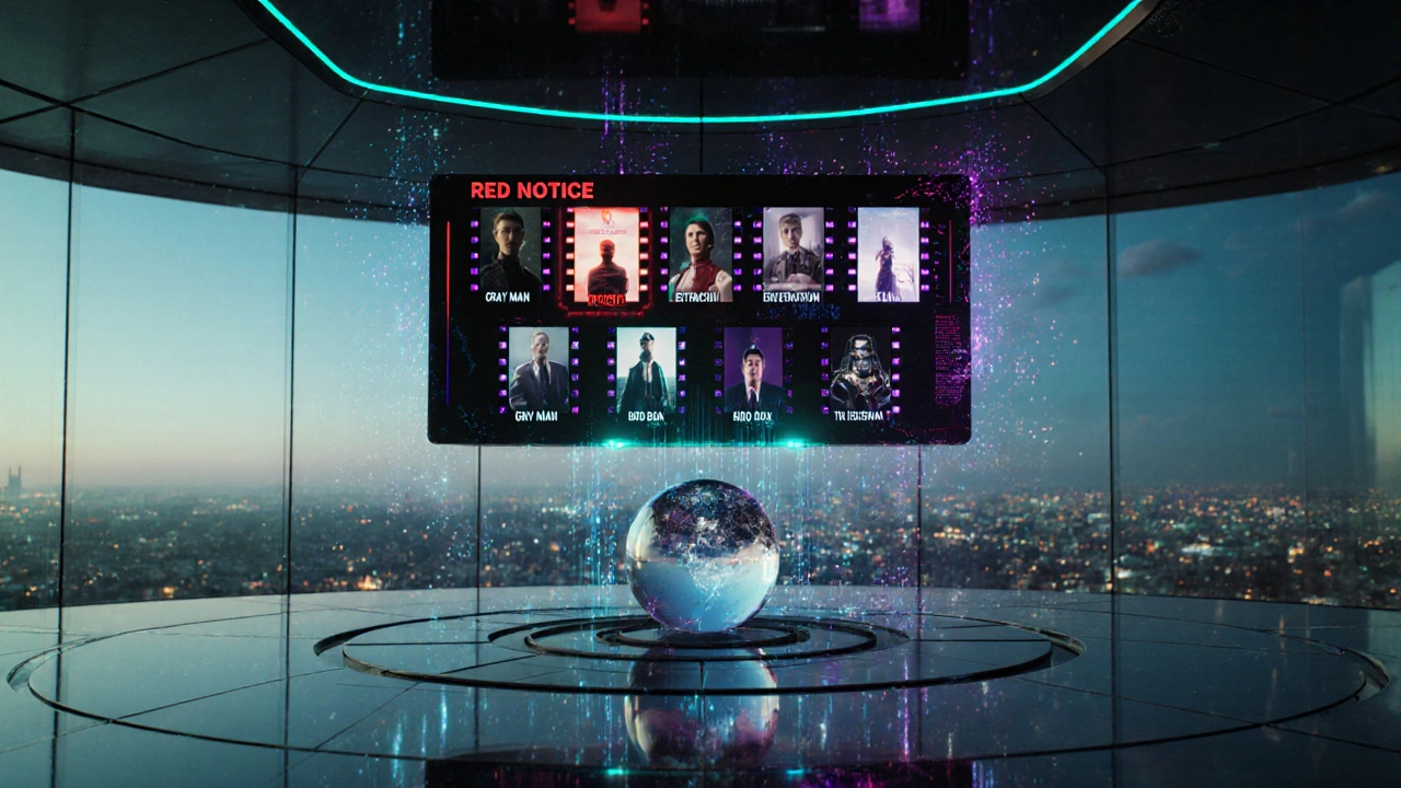 Scène futuriste avec un tableau holographique affichant Red Notice en tête, entouré d&#039;icônes de films.
