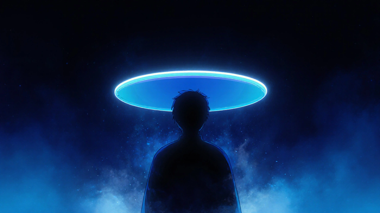 Silhouette baignée d'une lueur froide bleue pour une scène de nuit artificielle.