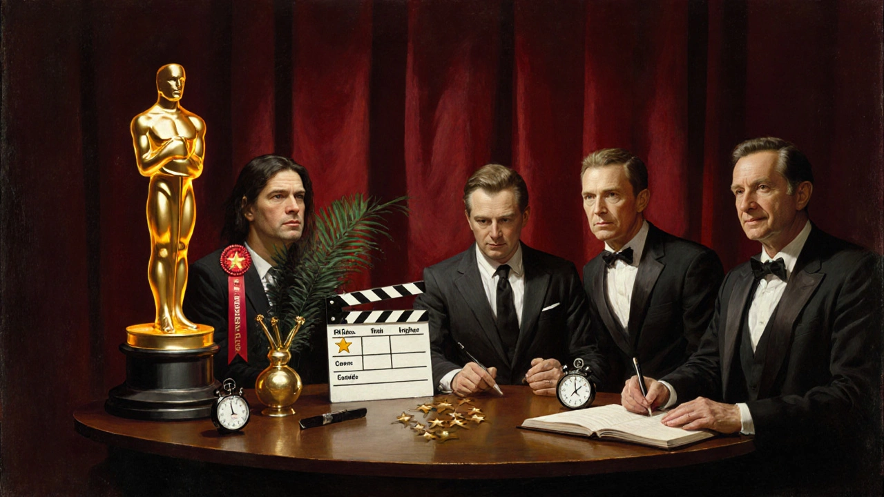 Table ronde de critiques entourés de statues d’Oscar, Palme d’Or, claquette et notes d’évaluation.