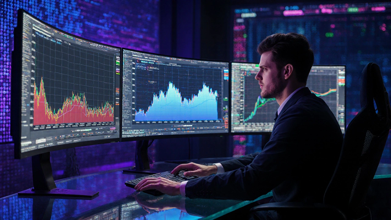 Trader utilisant stratégies iceberg et scalping devant plusieurs écrans lumineux.