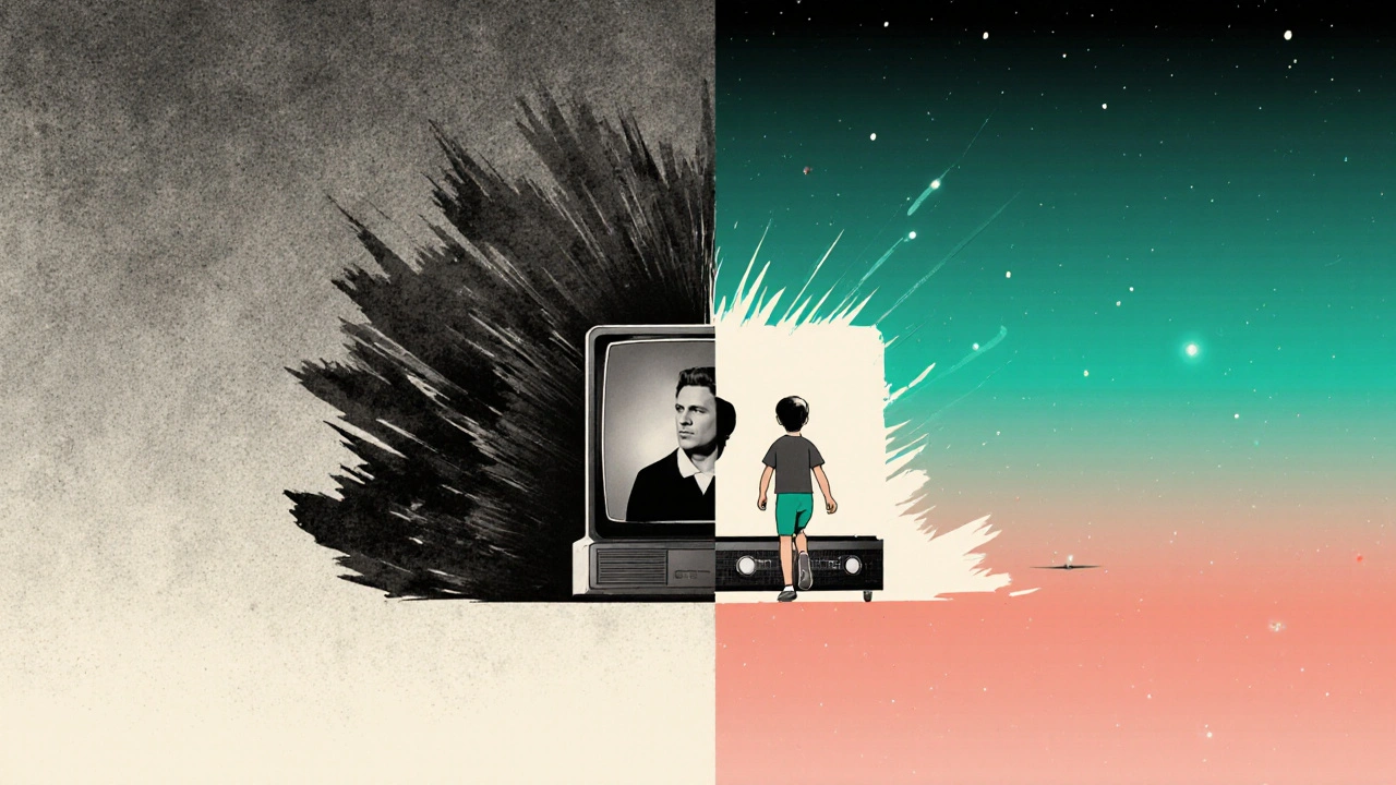 Transition cinématographique entre noir et blanc et couleurs douces, un enfant entre deux formats.