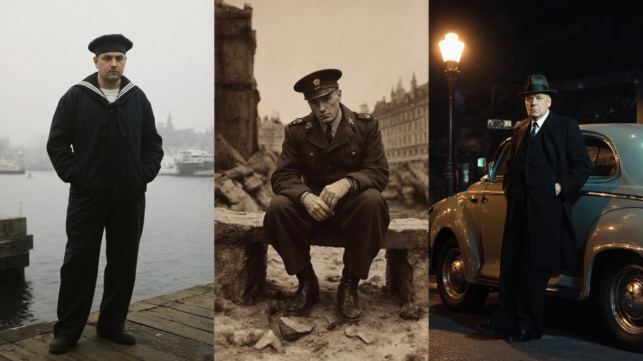 Triptyque montrant Gabin dans trois rôles emblématiques, atmosphère cinématographique.