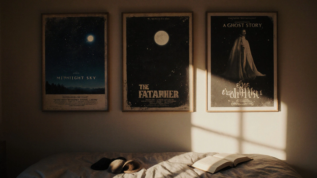 Trois affiches de films introspectifs sur un mur, éclairées par la lune, dans une chambre calme.
