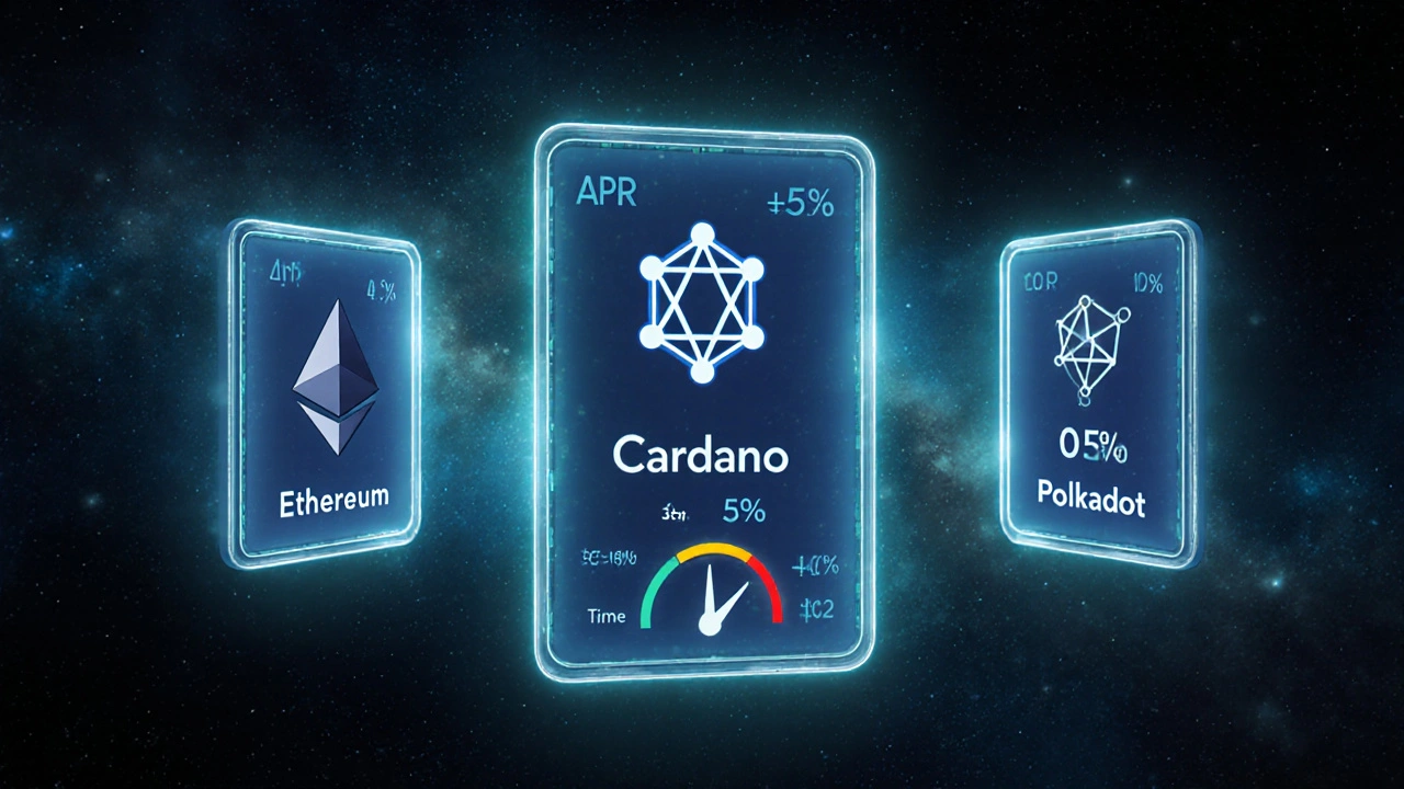 Trois panneaux holographiques montrent Ethereum, Cardano et Polkadot avec leurs APR et risques de slashing.