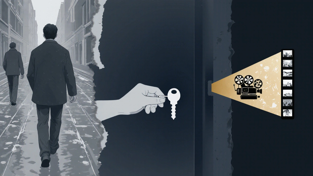 Trois scènes fragmentées d'un film noir et blanc : une poursuite, une porte qui s'ouvre, un projecteur qui projette des images.