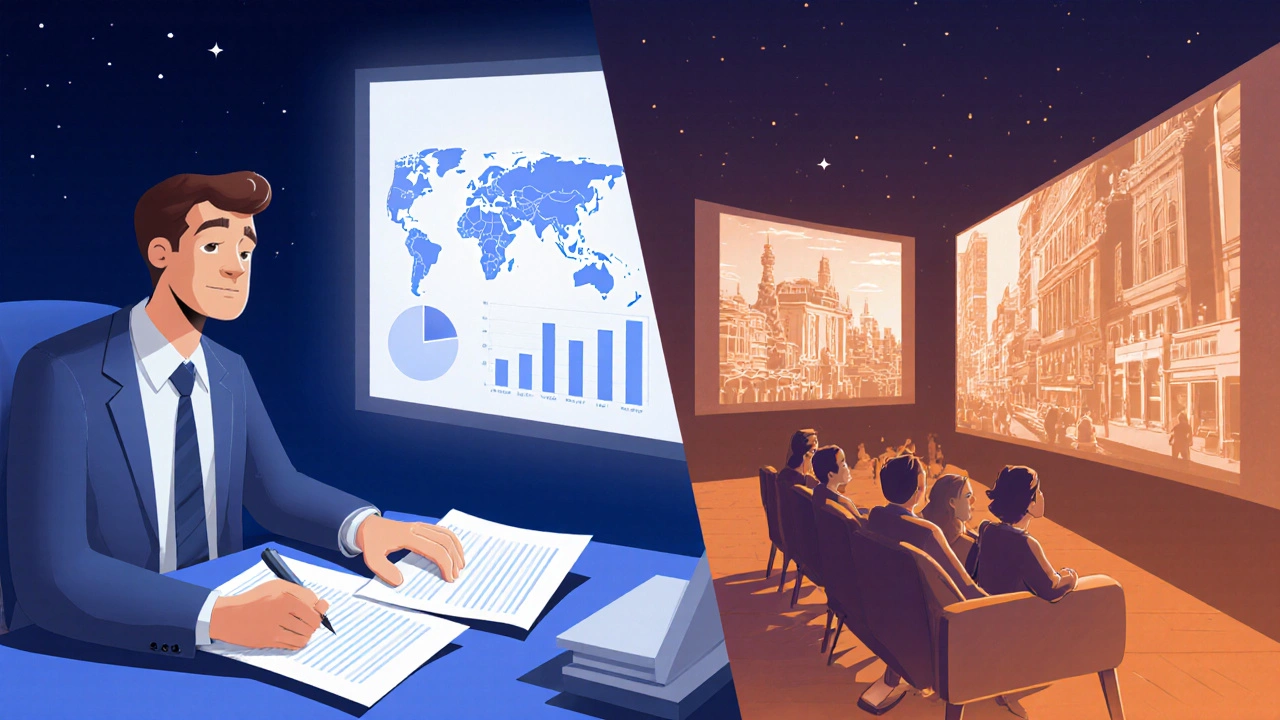 Un agent travaille la nuit tandis que le même film est projeté dans des salles du monde entier, relié par une lumière chaude.