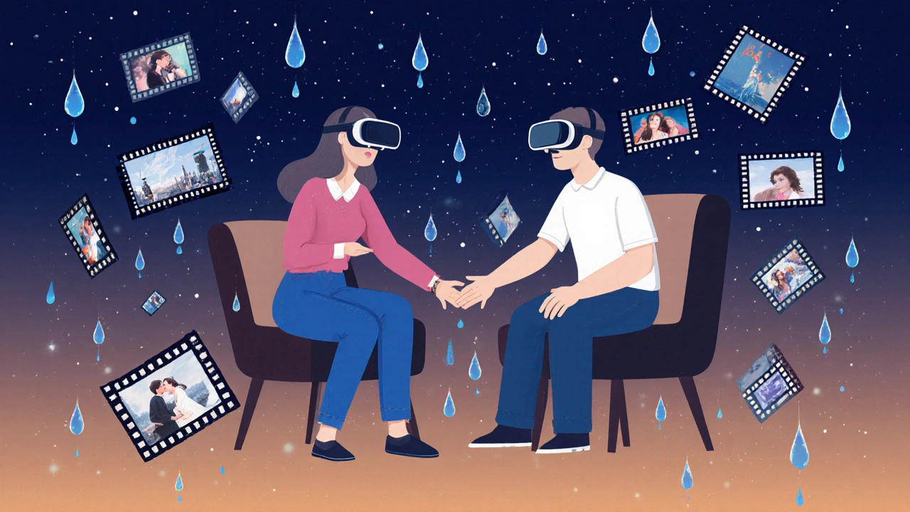 Un couple en casques de réalité virtuelle, leurs mains presque en contact dans un espace numérique rempli de scènes de films.