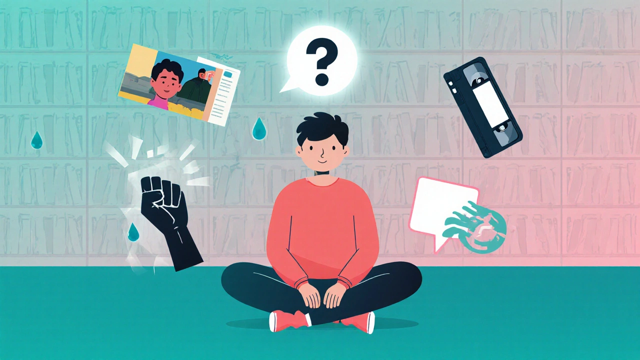 Un étudiant entouré d'images de documentaires essais, une question flottante symbolise l'éthique de l'écoute.