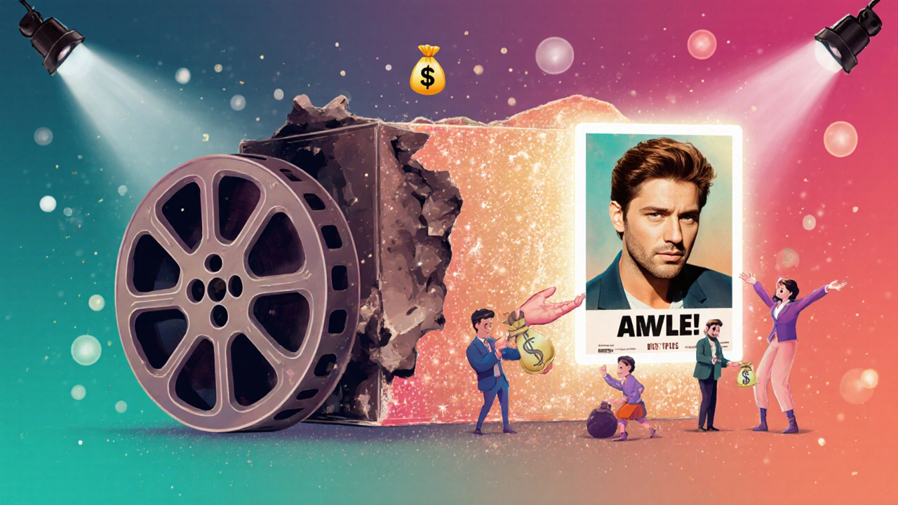 Un film brut se transforme en produit vendable avec une affiche percutante et des acteurs célèbres, entouré d'acheteurs internationaux.