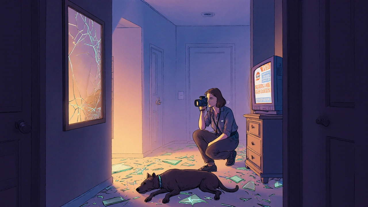 Un journaliste agenouillé dans un couloir dévasté, son reflet dans un miroir brisé, avec une télévision allumée en arrière-plan.