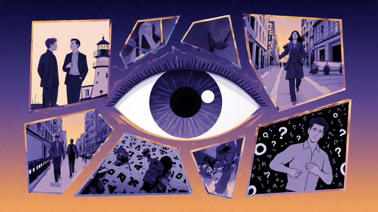 Un miroir brisé reflétant sept scènes emblématiques du cinéma indépendant, avec un œil au centre observant les histoires.