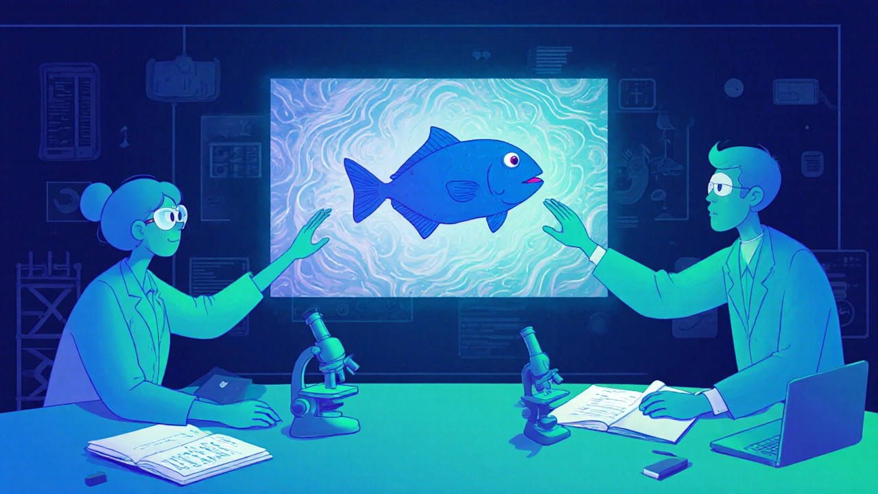 Un scientifique et un animateur observent ensemble une représentation animée d'un poisson coelacanthe en données visuelles.