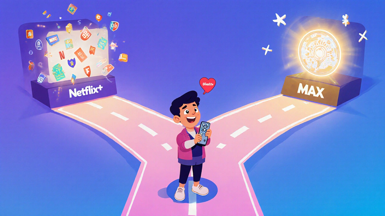 Un spectateur choisit entre trois plateformes de streaming, chaque chemin a un symbole de contenu stable.