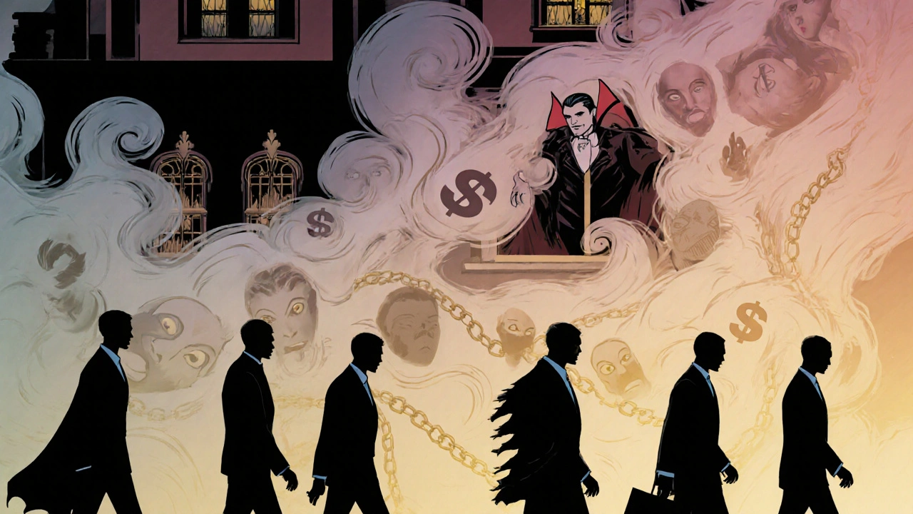 Un vampire sortant d'une maison victorienne, son manteau se transformant en chaînes et en visages murmuraux.