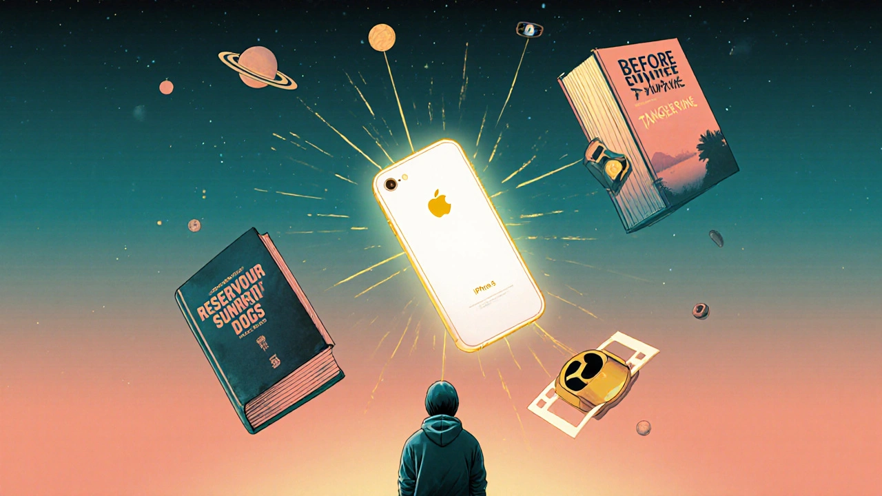 Une bibliothèque céleste avec des films indépendants flottant autour d’un iPhone et d’une pellicule 35mm, reliés par des fils lumineux.