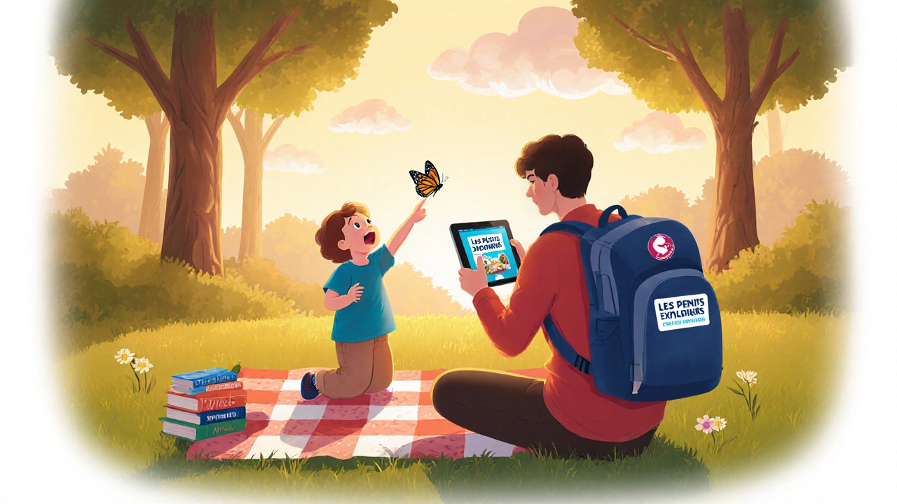 Une famille pique-nique dans un parc, un enfant découvre un papillon avec une tablette affichant des contenus éducatifs.